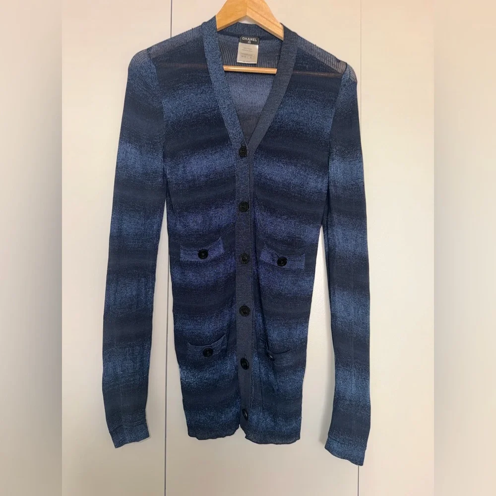 CHANEL womens Navy and Dark metallic Blue Striped V-Neck Cardigan